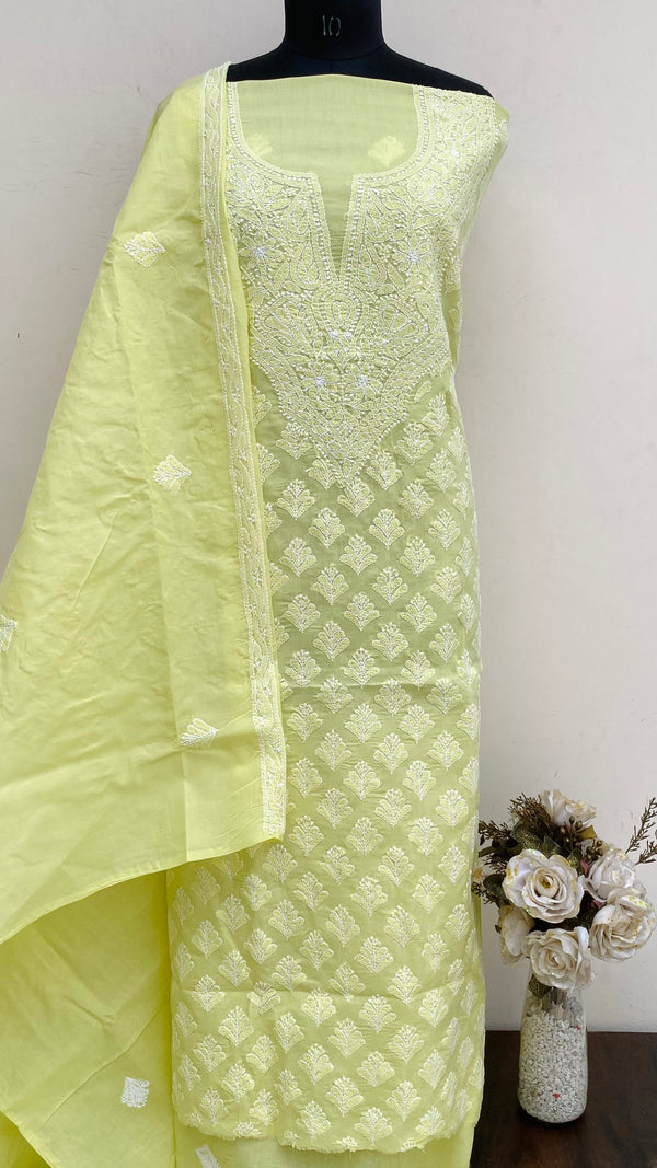 Lucknowi Chikankari Suit Length 3 Piece Lemon Yellow Cotton With Embroidered Cotton Dupatta