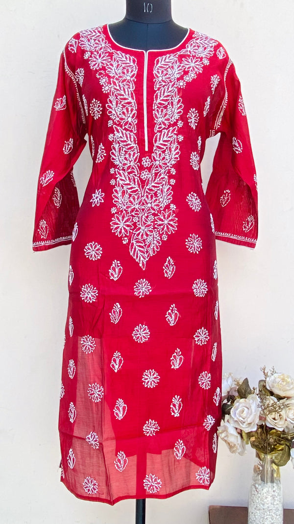 Lucknowi Chikankari Kurti Maroon Mal Chanderi