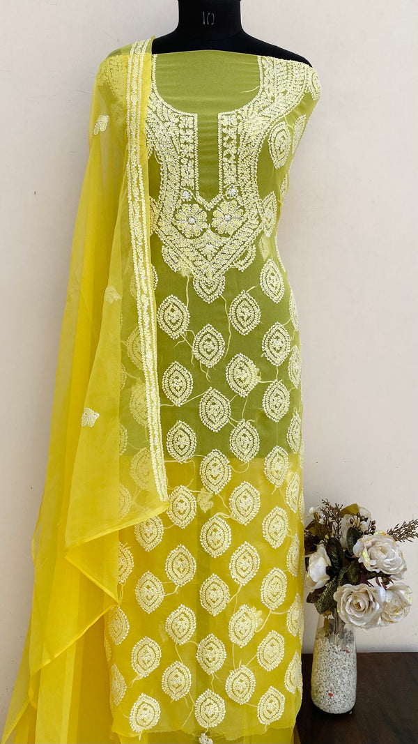 Lucknowi Chikankari Suit Length 3 Piece Yellow Georgette