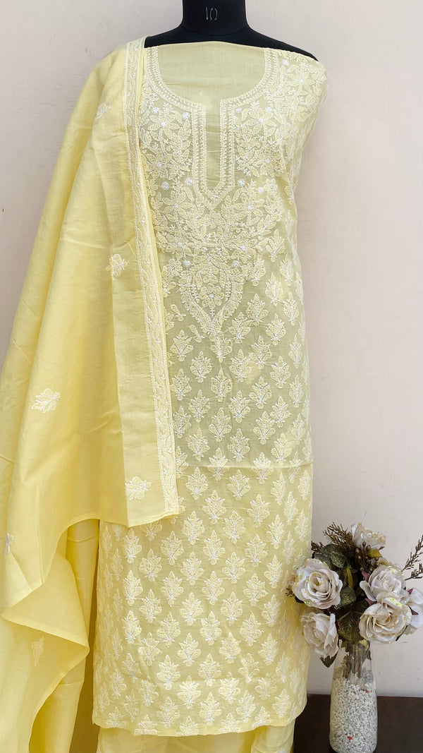 Lucknowi Chikankari Suit Length 3 Piece Yellow Cotton With Embroidered Cotton Dupatta