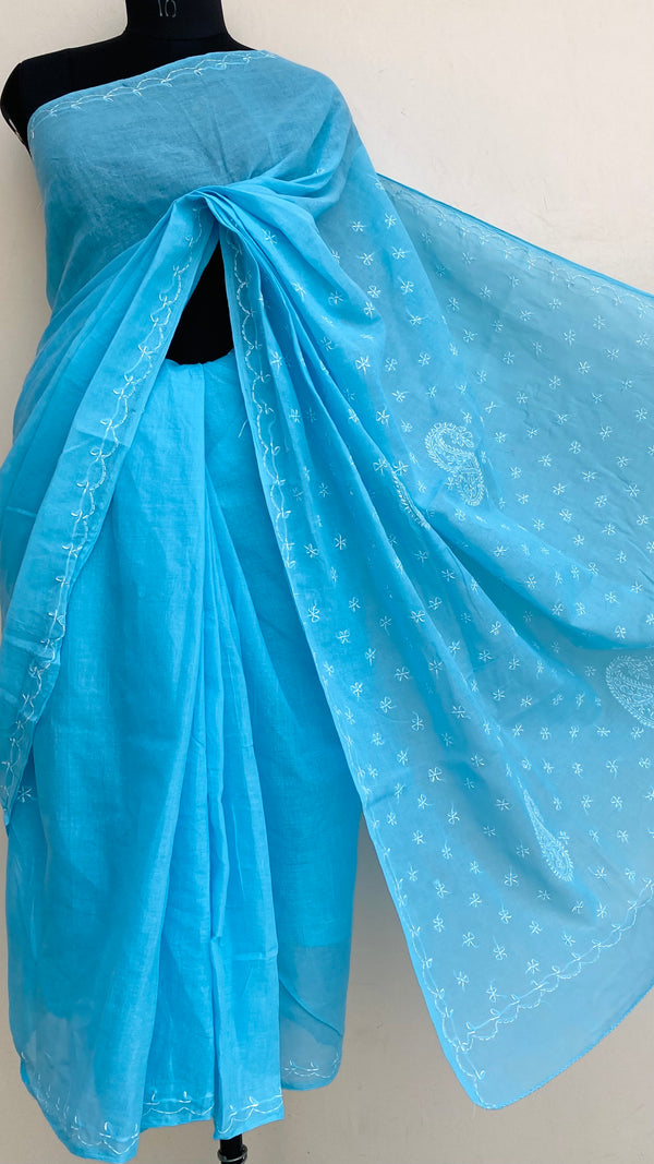 Lucknowi Chikankari Saree Blue Cotton