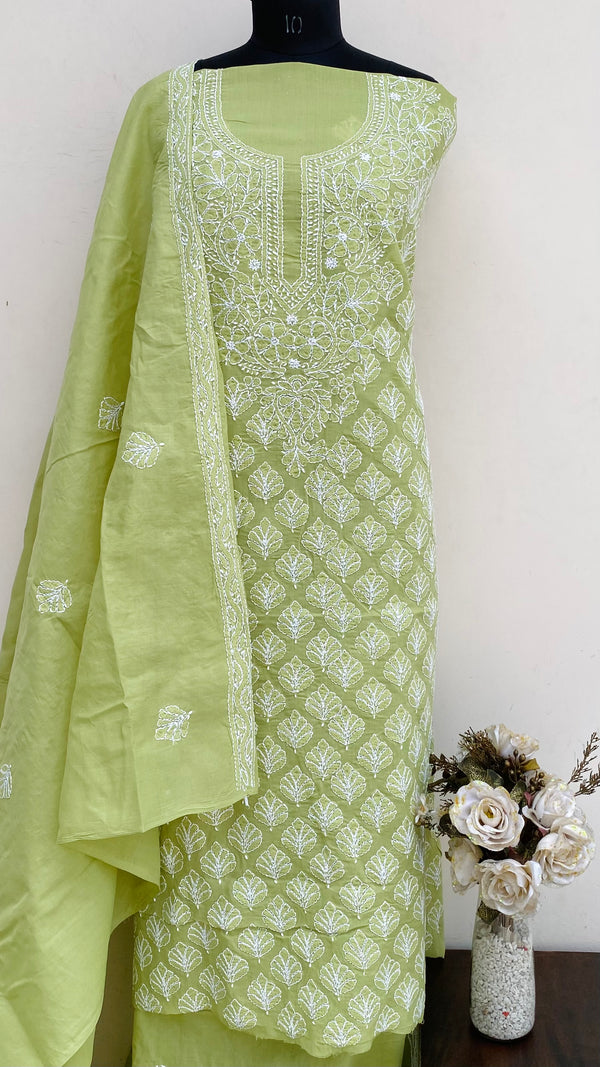 Lucknowi Chikankari Suit Length 3 Piece Mehndi Green Cotton With Embroidered Cotton Dupatta
