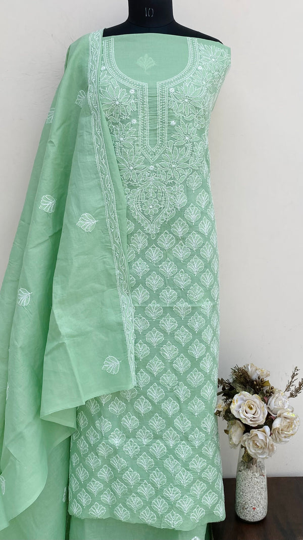 Lucknowi Chikankari Suit Length 3 Piece Teal Green Cotton With Embroidered Cotton Dupatta