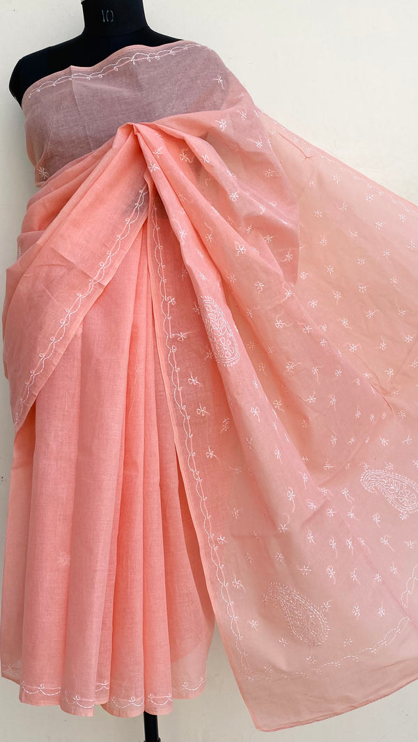 Lucknowi Chikankari Saree Peach Cotton
