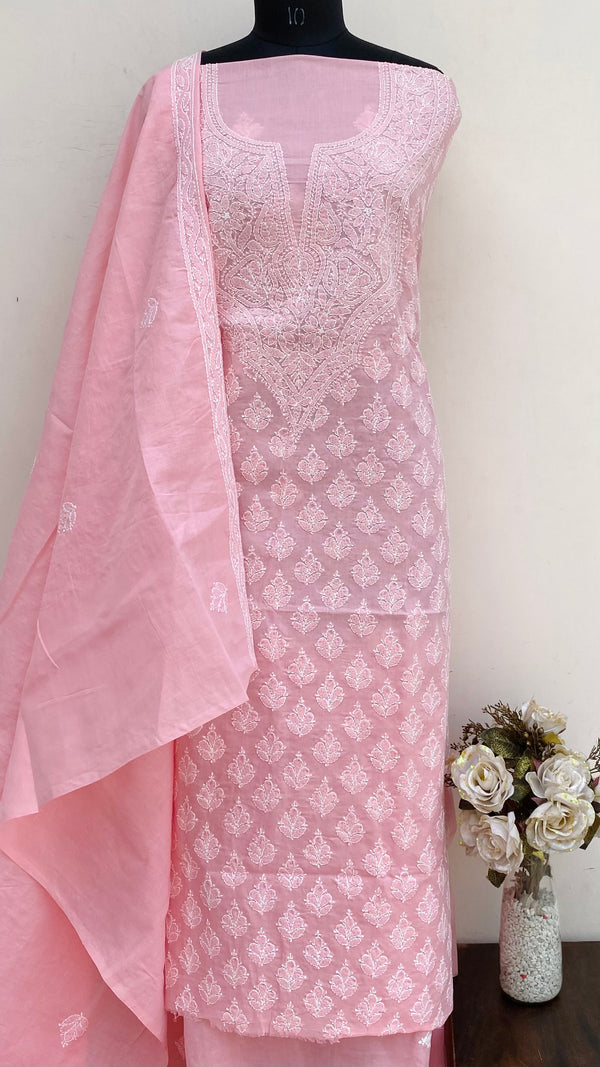 Lucknowi Chikankari Suit Length 3 Piece Pink Cotton With Embroidered Chiffon Dupatta