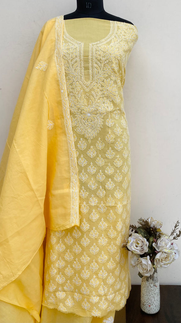 Lucknowi Chikankari Suit Length 3 Piece Yellow Cotton With Embroidered Cotton Dupatta