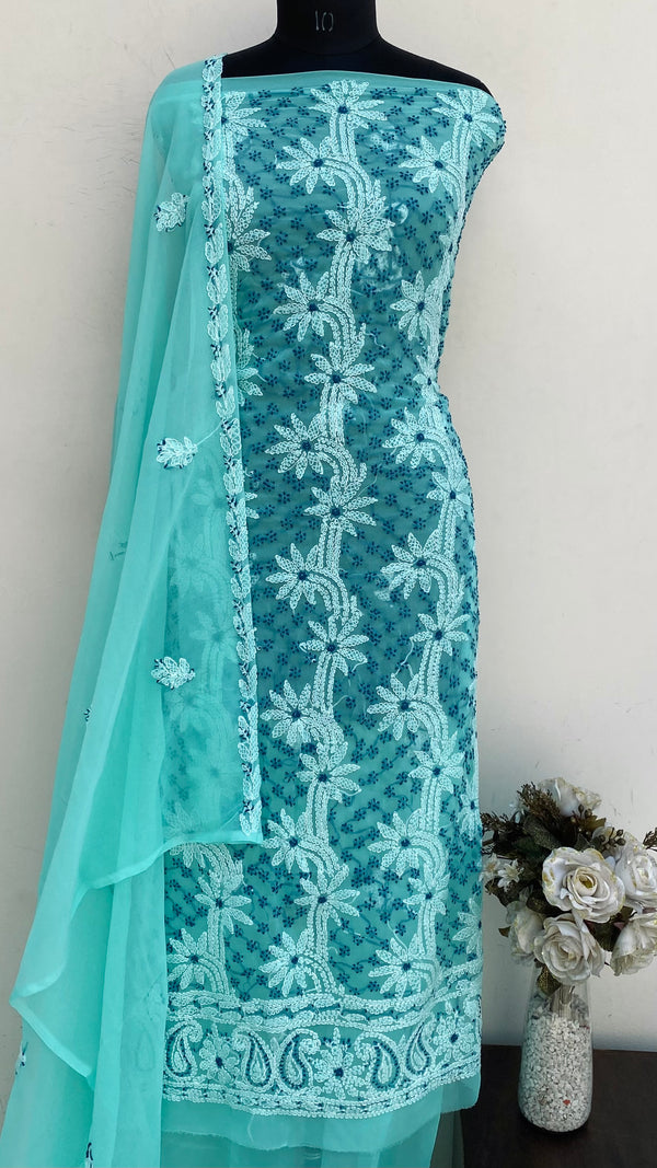 Lucknowi Chikankari Suit Length 3 Piece Sea Green Georgette