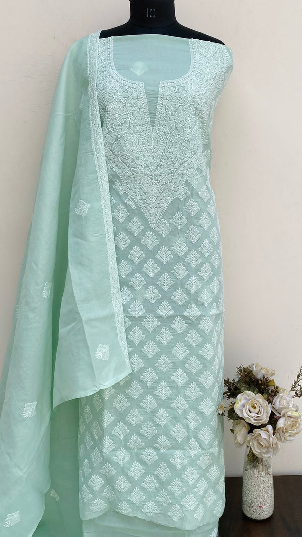 Lucknowi Chikankari Suit Length 3 Piece Green Cotton With Embroidered Cotton Dupatta