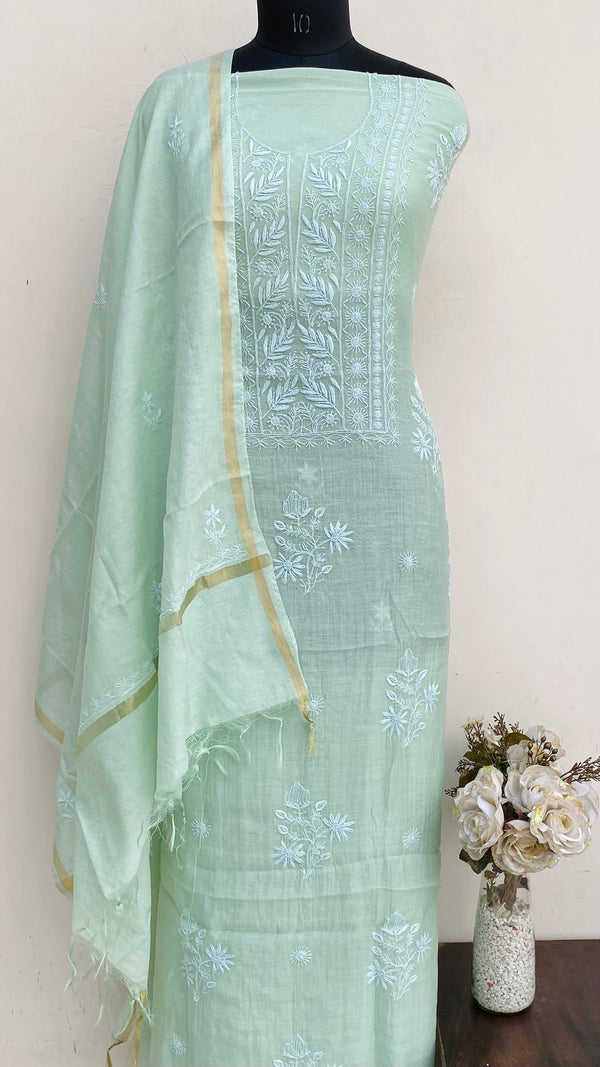 Lucknowi Chikankari Suit Length 2 Piece Green Mal Chanderi With Cutdana Work