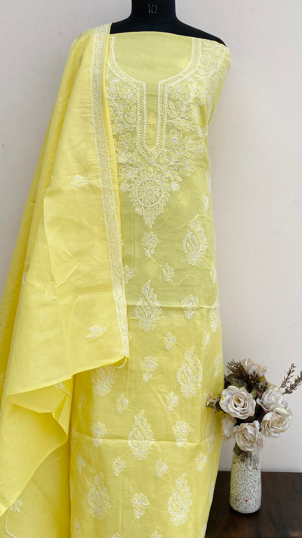Lucknowi Chikankari Suit Length 3 Piece Yellow Cotton With Embroidered Cotton Dupatta