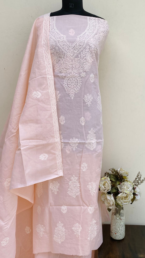 Lucknowi Chikankari Suit Length 3 Piece Peach Cotton With Embroidered Chiffon Dupatta