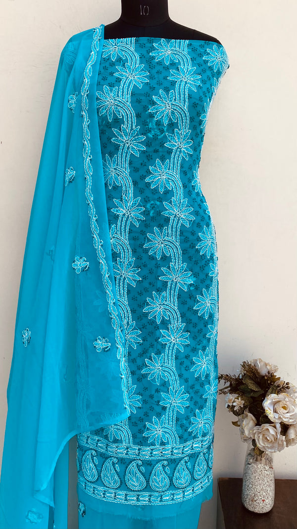 Lucknowi Chikankari Suit Length 3 Piece Blue Georgette