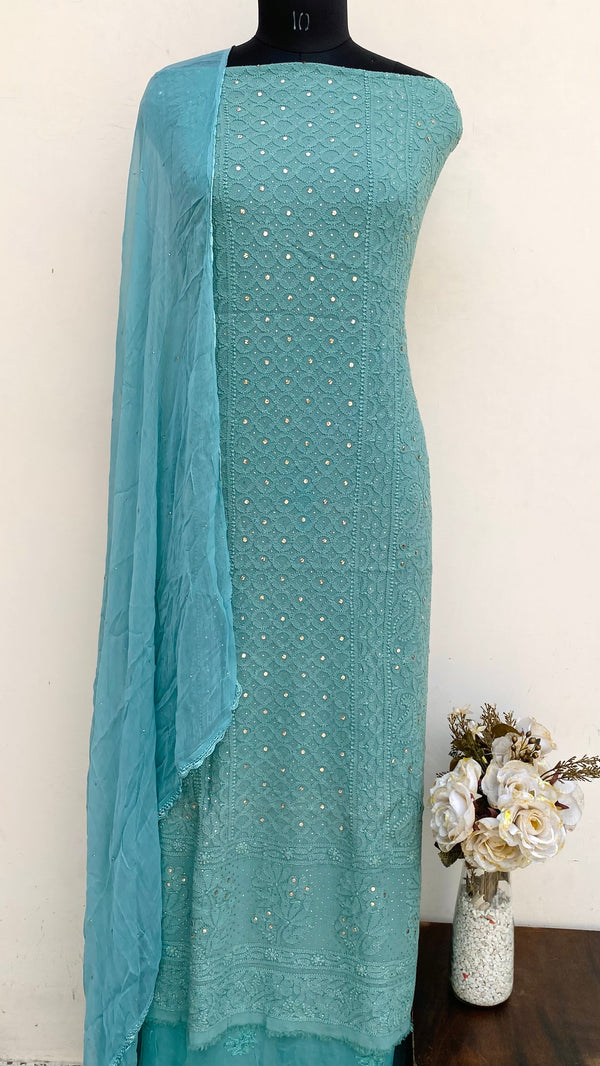 Lucknowi Chikankari Suit Length 2 Piece Green Pure Georgette With Mukaish Work