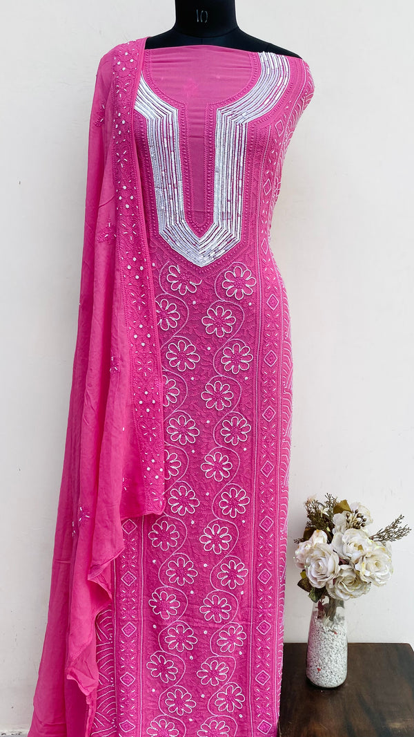 Lucknowi Chikankari Suit Length 2 Piece Pink Pure Georgette With Pearl,Cutdana & Sequence Work