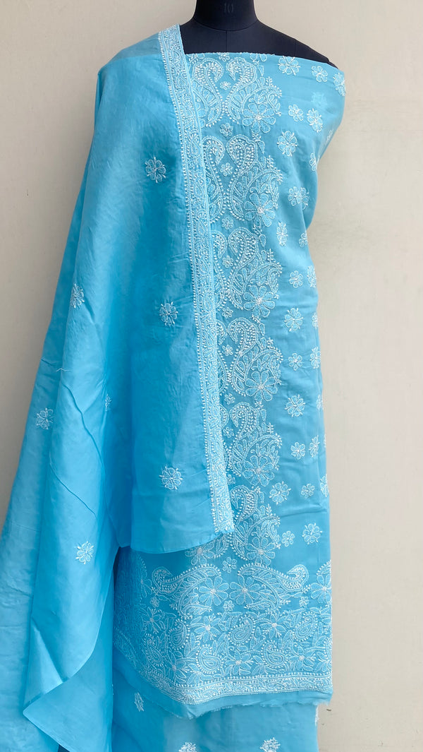 Lucknowi Chikankari Suit Length 3 Piece Blue Cotton With Embroidered Cotton Dupatta