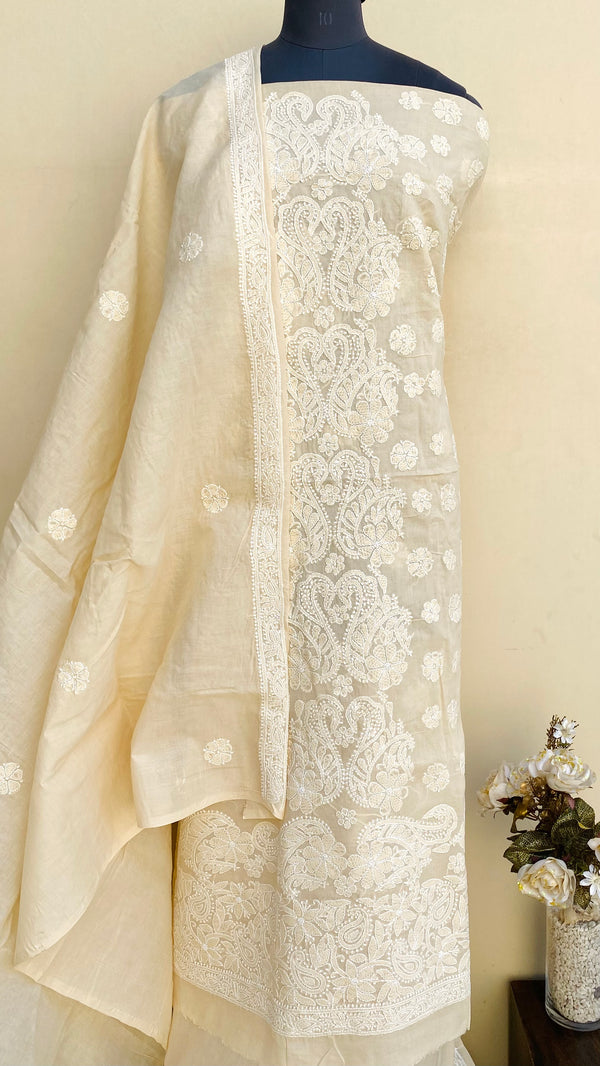 Lucknowi Chikankari Suit Length 3 Piece Beige Cotton With Embroidered Cotton Dupatta
