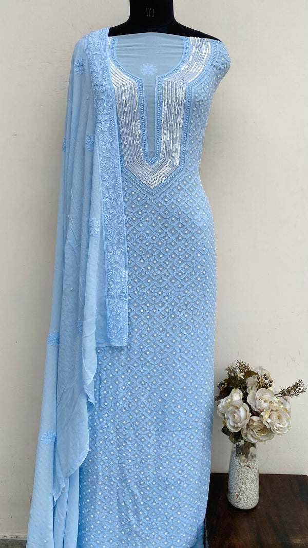 Lucknowi Chikankari Suit Length 2 Piece Powder Blue Pure Georgette With Pearl & Sequence Work