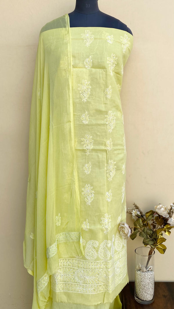 Lucknowi Chikankari Suit Length 3 Piece Lemon Yellow Cotton