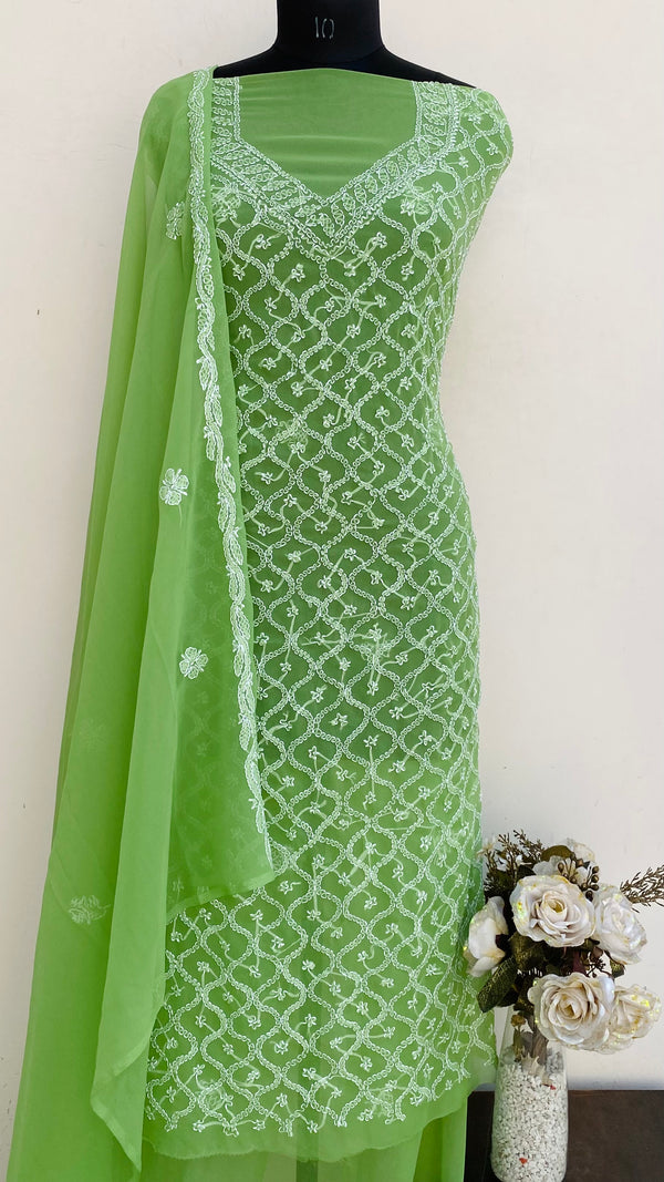 Lucknowi Chikankari Suit Length 3 Piece Green Georgette