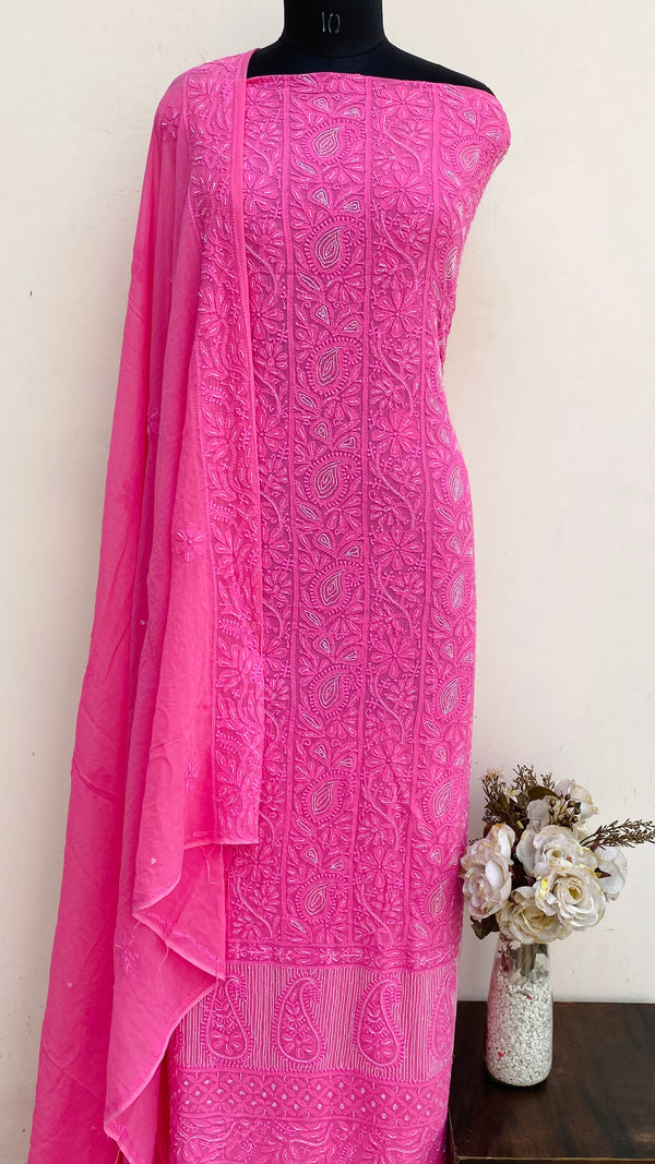 Lucknowi Chikankari Suit Length 2 Piece Pink Pure Georgette With Cutdana Work