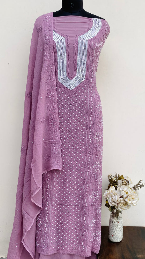 Lucknowi Chikankari Suit Length 2 Piece Purple Pure Georgette With Pearl, Cutdana & Sequence Work