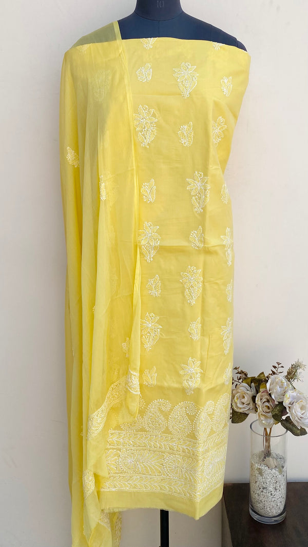 Lucknowi Chikankari Suit Length 3 Piece Yellow Cotton