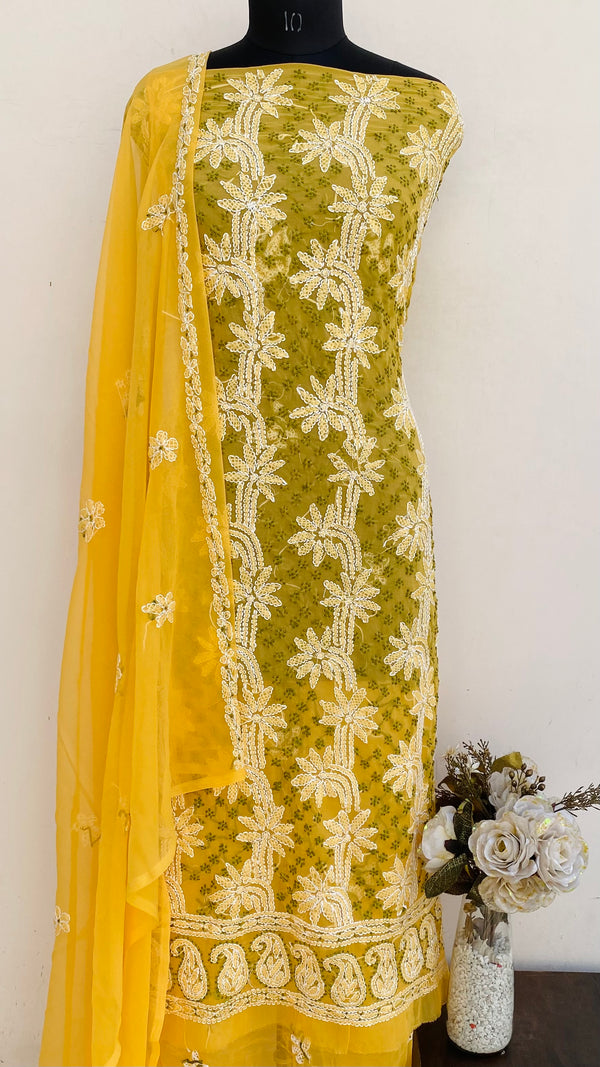 Lucknowi Chikankari Suit Length 3 Piece Yellow Georgette
