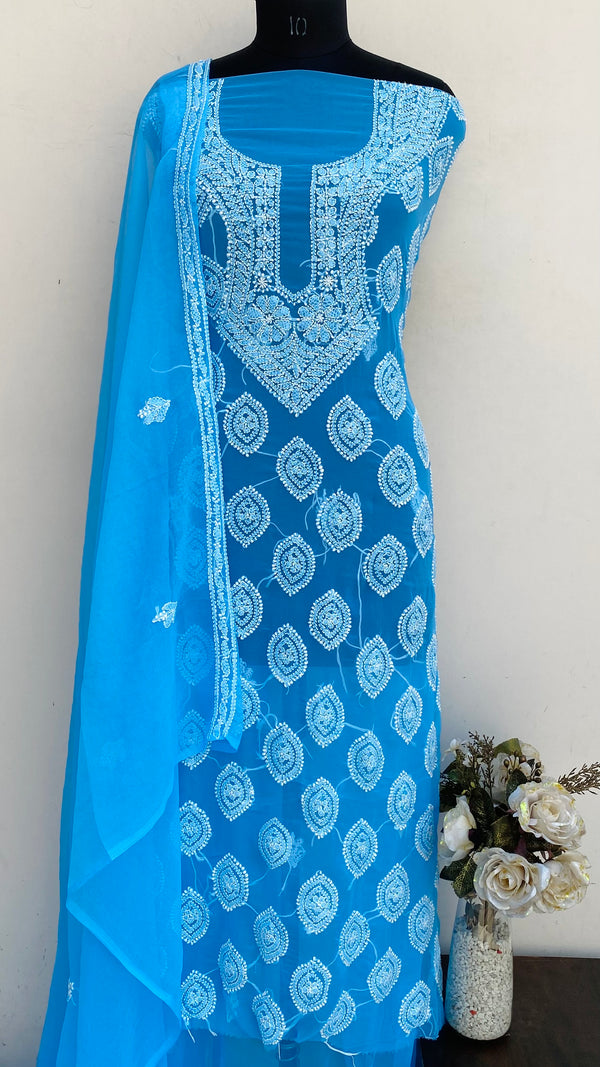 Lucknowi Chikankari Suit Length 3 Piece Blue Georgette