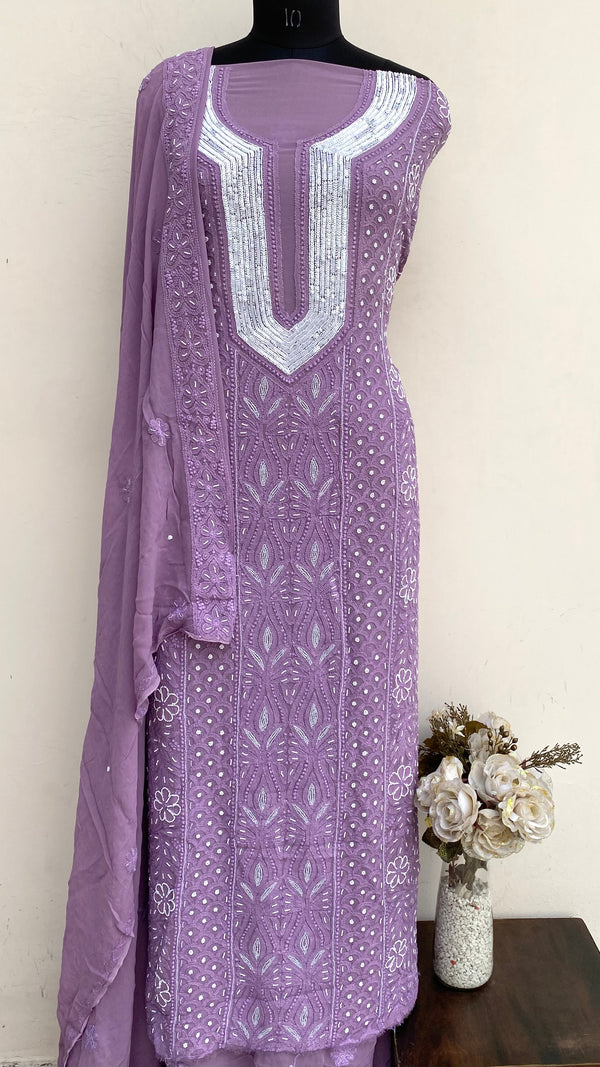 Lucknowi Chikankari Suit Length 2 Piece Purple Pure Georgette With Pearl ,Cutdana & Sequence Work