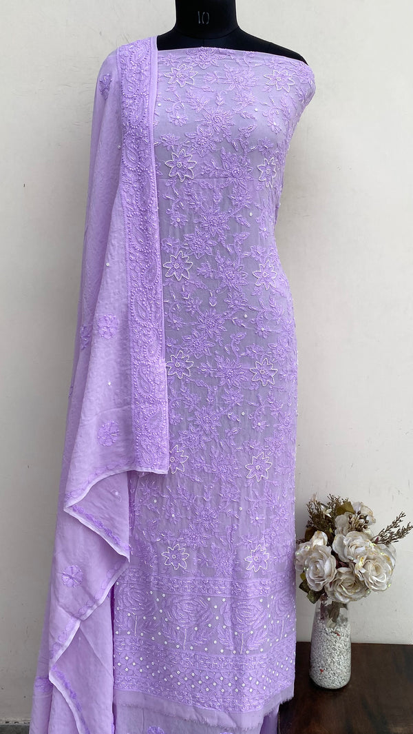 Lucknowi Chikankari Suit Length 2 Piece Purple Pure Georgette With Pearl & Cutdana Work