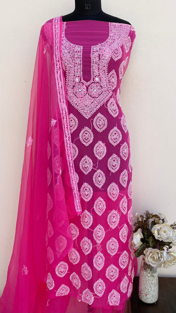 Lucknowi Chikankari Suit Length 3 Piece Pink Georgette