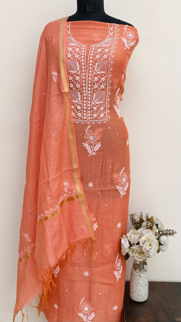 Lucknowi Chikankari Suit Length 2 Piece Rust Mal Chanderi With Pearl & Cutdana Work