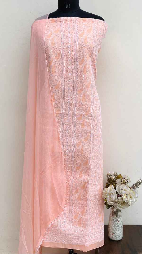 Lucknowi Chikankari Suit Length 3 Piece Peach Cotton Jaali Work