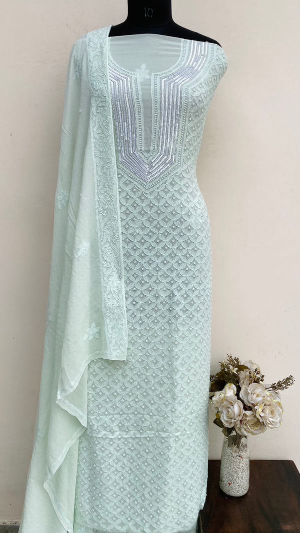 Lucknowi Chikankari Suit Length 2 Piece Green Pure Georgette With Pearl & Sequence Work