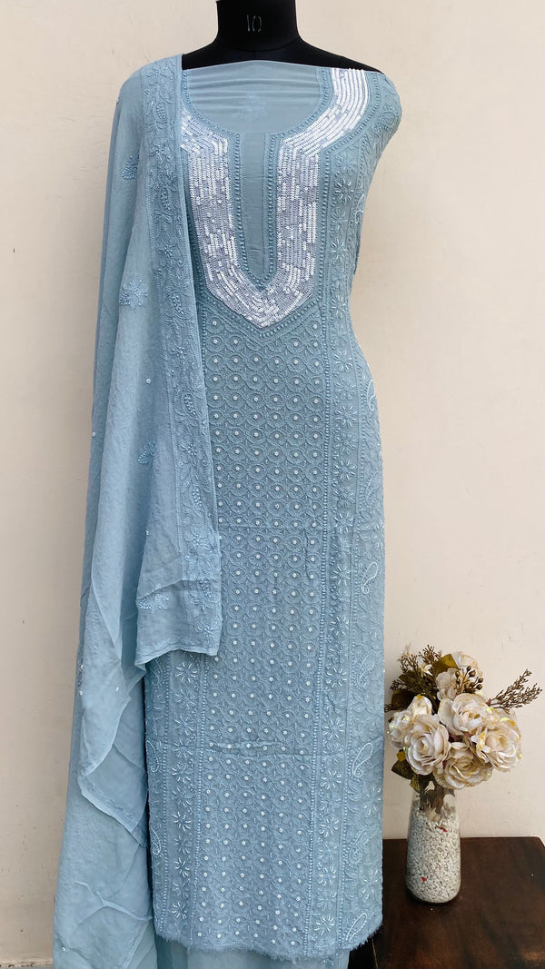Lucknowi Chikankari Suit Length 2 Piece Gray Pure Georgette With Pearl, Cutdana & Sequence Work