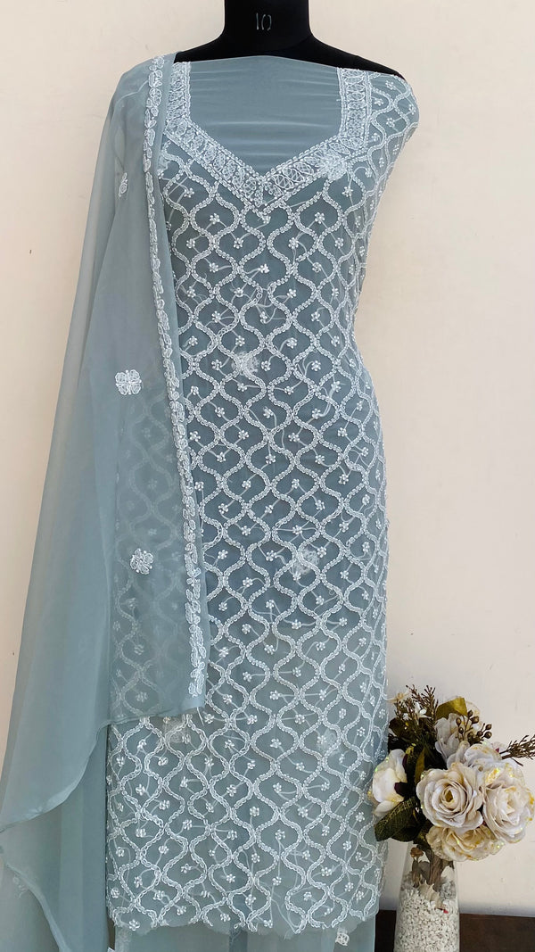 Lucknowi Chikankari Suit Length 3 Piece Gray Georgette