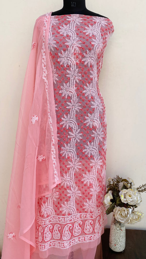 Lucknowi Chikankari Suit Length 3 Piece Pink Georgette