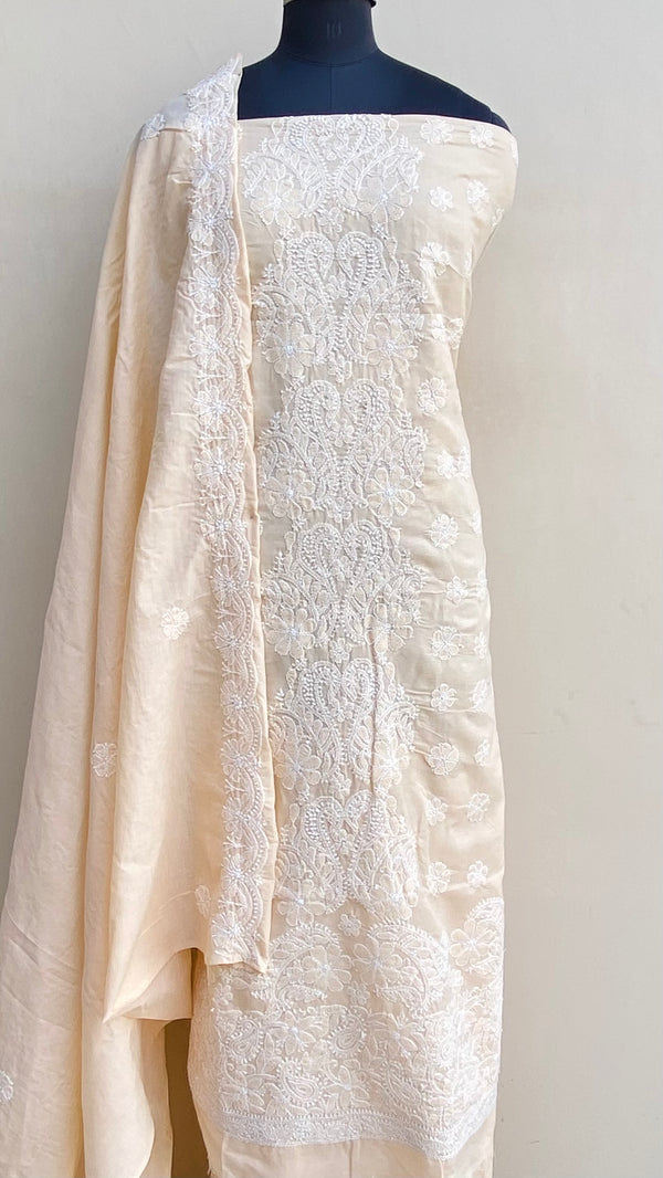Lucknowi Chikankari Suit Length 3 Piece Beige Cotton With Embroidered Cotton Dupatta