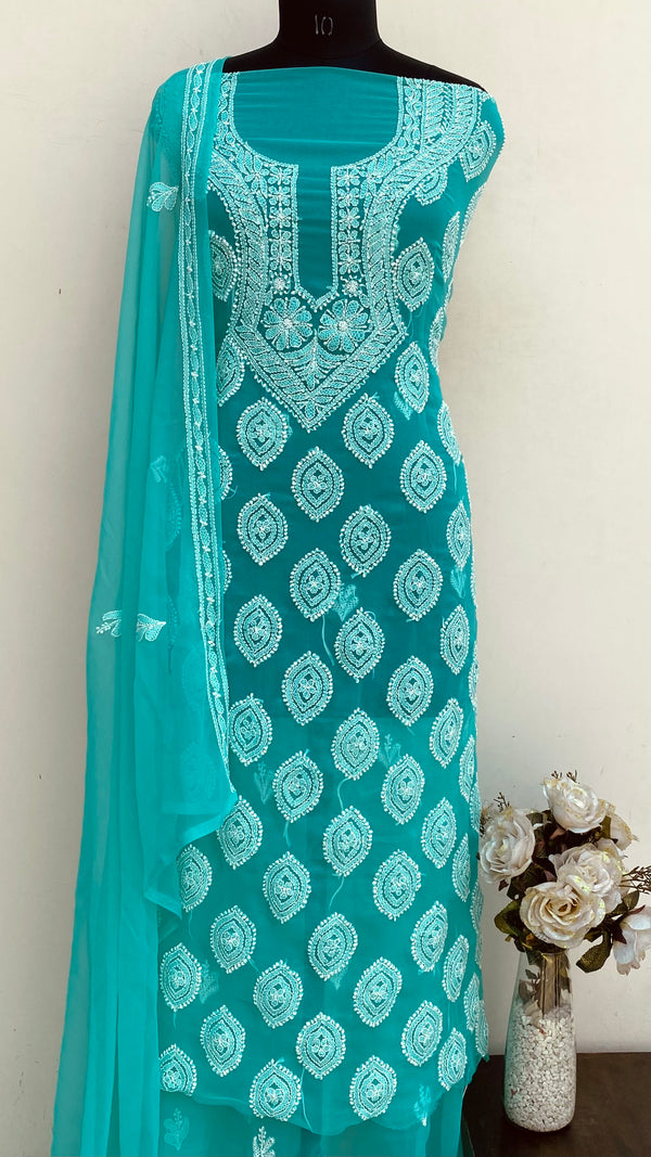 Lucknowi Chikankari Suit Length 3 Piece Sea Green Georgette