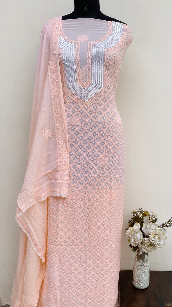 Lucknowi Chikankari Suit Length 2 Piece Peach Pure Georgette With Pearl & Sequence Work