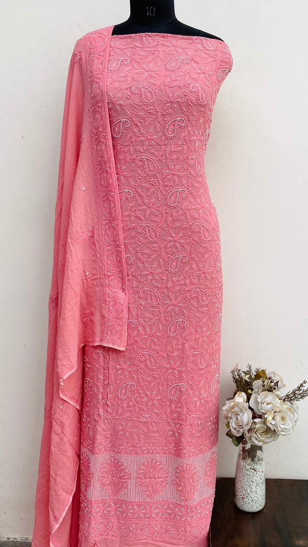 Lucknowi Chikankari Suit Length 2 Piece Pink Pure Georgette With Pearl & Cutdana Work
