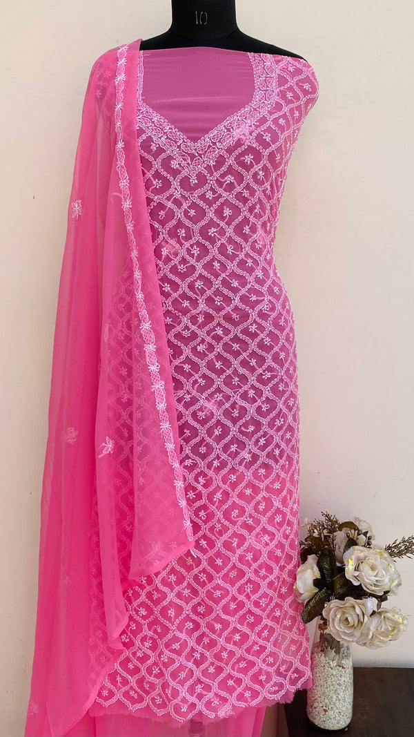 Lucknowi Chikankari Suit Length 3 Piece Pink Georgette