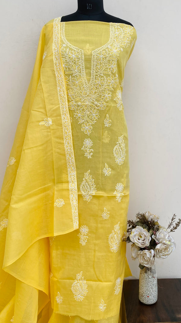 Lucknowi Chikankari Suit Length 3 Piece Yellow Cotton With Embroidered Cotton Dupatta