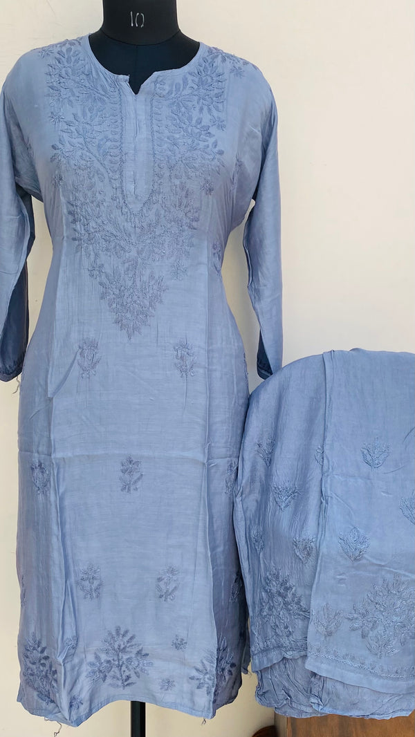 Lucknowi Chikankari Co-ord Set Gray Muslin Cotton With Self Work