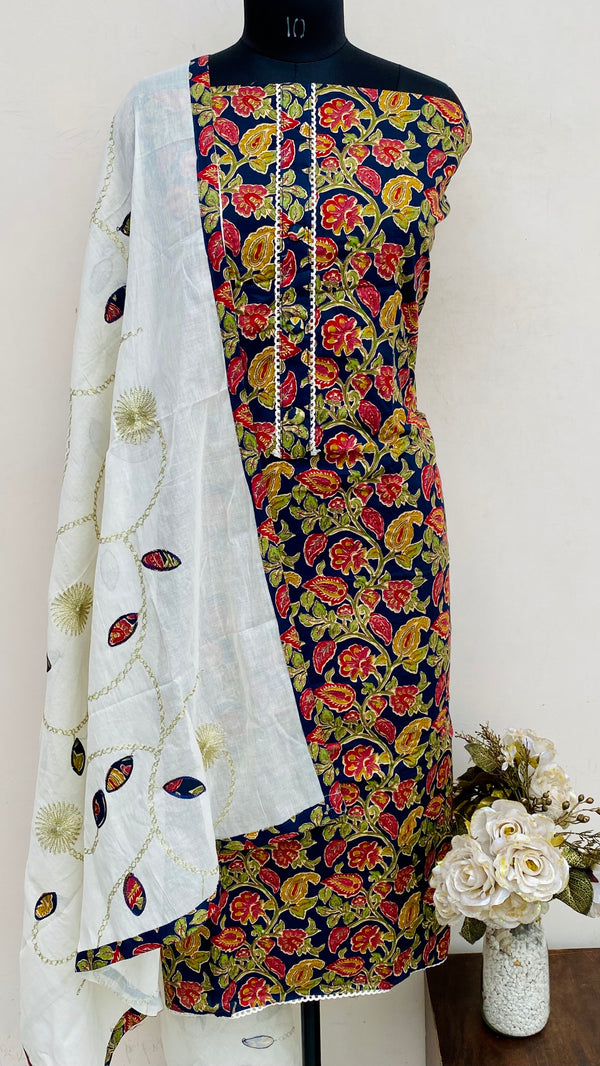 Designer Embroidered Suit Length 3 Piece Navy Blue Mal Cotton