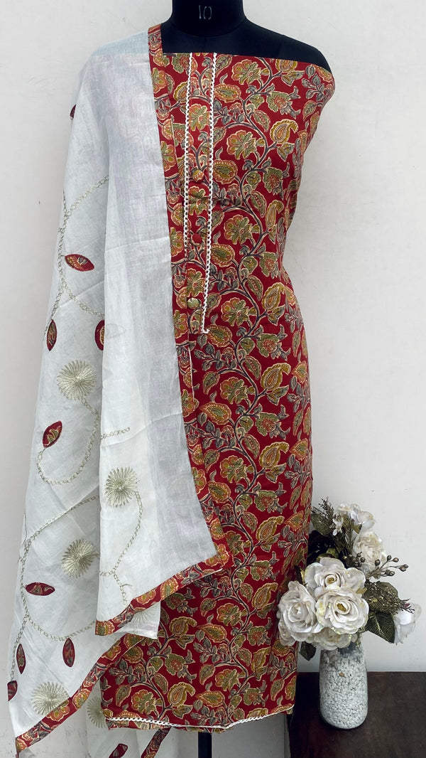 Designer Embroidered Suit Length 3 Piece Maroon Mal Cotton