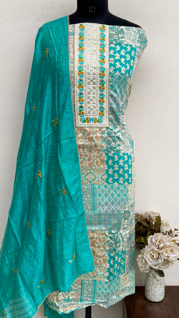 Designer Embroidered Suit Length 3 Piece Sea Green Muslin Cotton With Sequence Work