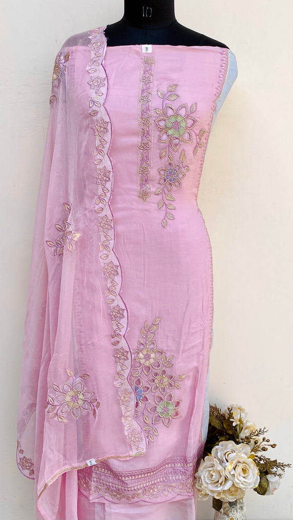 Designer Embroidered Suit Length 3 Piece Pink Mal Chanderi With Stone Work