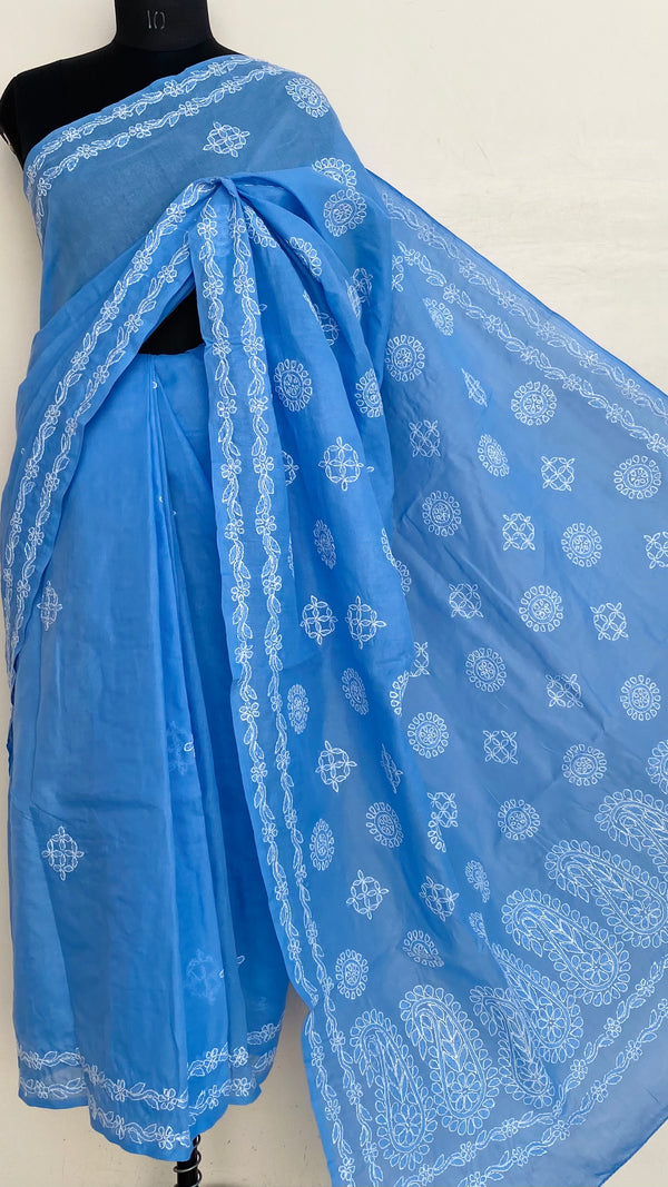 Lucknowi Chikankari Saree Blue Cotton