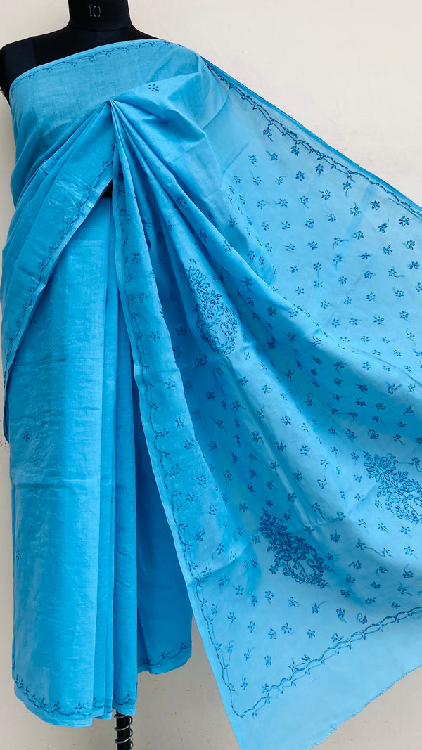 Lucknowi Chikankari Saree Blue Cotton